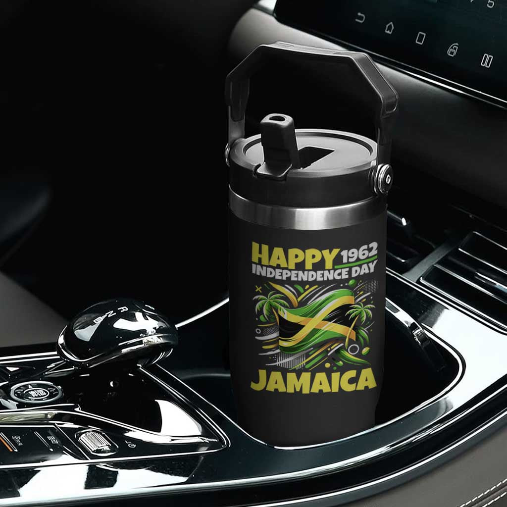Happy Jamaican Independence Day 1962 Graphic Flip Straw Tumbler Jamaica Waving Flag and Palm Trees Caribbean Pride