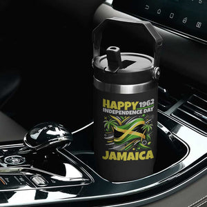 Happy Jamaican Independence Day 1962 Graphic Flip Straw Tumbler Jamaica Waving Flag and Palm Trees Caribbean Pride