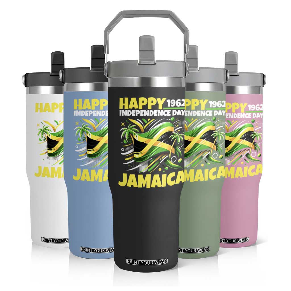 Happy Jamaican Independence Day 1962 Graphic Flip Straw Tumbler Jamaica Waving Flag and Palm Trees Caribbean Pride