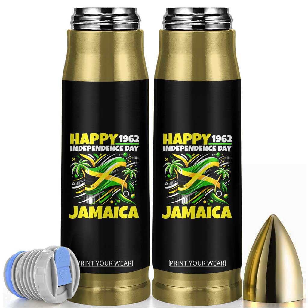 Happy Jamaican Independence Day 1962 Graphic Bullet Tumbler Jamaica Waving Flag and Palm Trees Caribbean Pride