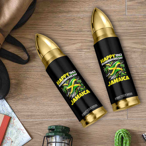 Happy Jamaican Independence Day 1962 Graphic Bullet Tumbler Jamaica Waving Flag and Palm Trees Caribbean Pride