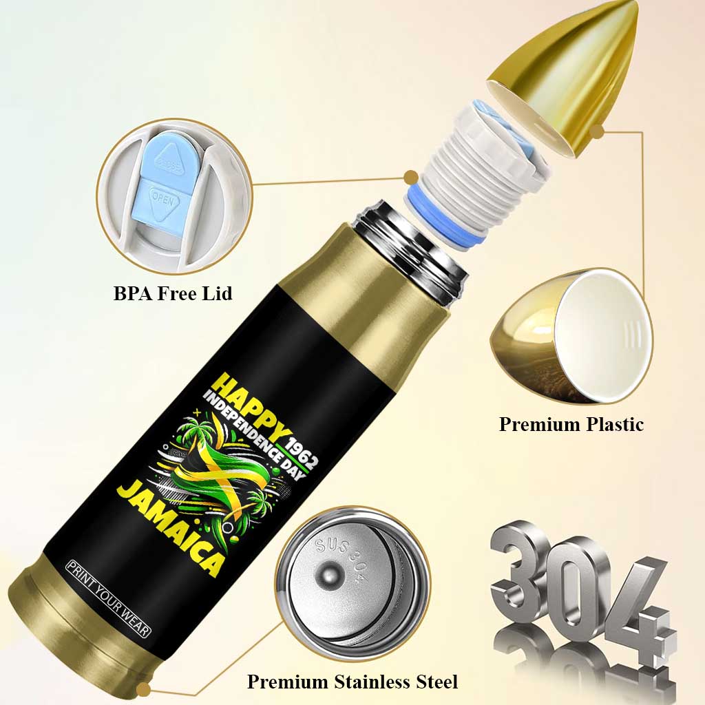 Happy Jamaican Independence Day 1962 Graphic Bullet Tumbler Jamaica Waving Flag and Palm Trees Caribbean Pride