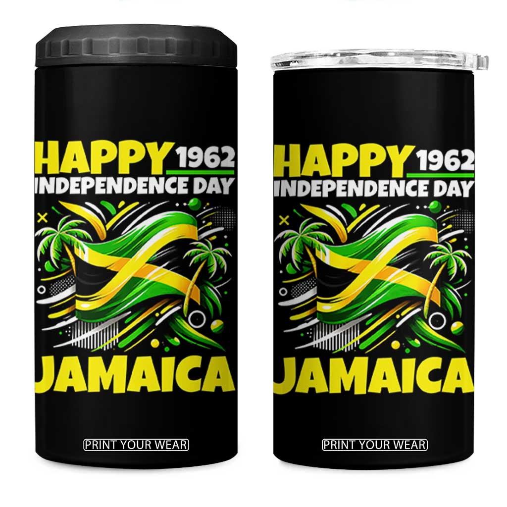Happy Jamaican Independence Day 1962 Graphic 4 in 1 Can Cooler Tumbler Jamaica Waving Flag and Palm Trees Caribbean Pride
