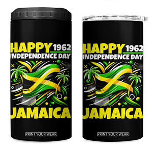 Happy Jamaican Independence Day 1962 Graphic 4 in 1 Can Cooler Tumbler Jamaica Waving Flag and Palm Trees Caribbean Pride