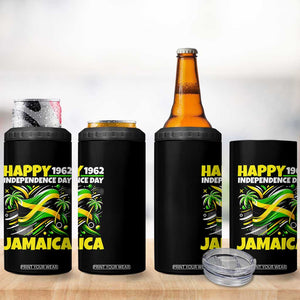 Happy Jamaican Independence Day 1962 Graphic 4 in 1 Can Cooler Tumbler Jamaica Waving Flag and Palm Trees Caribbean Pride