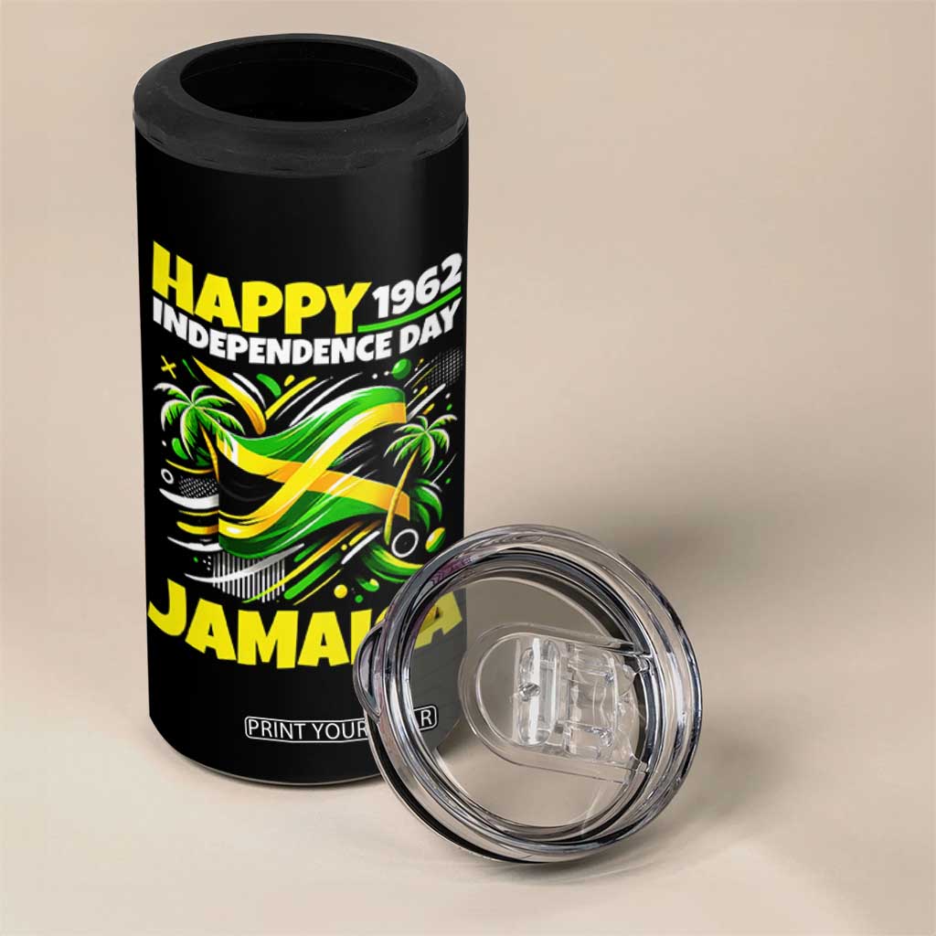 Happy Jamaican Independence Day 1962 Graphic 4 in 1 Can Cooler Tumbler Jamaica Waving Flag and Palm Trees Caribbean Pride
