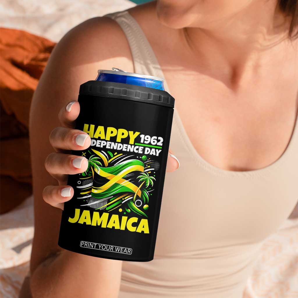 Happy Jamaican Independence Day 1962 Graphic 4 in 1 Can Cooler Tumbler Jamaica Waving Flag and Palm Trees Caribbean Pride