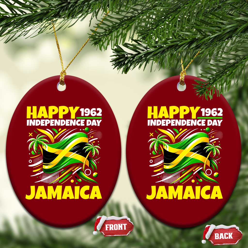 Happy Jamaican Independence Day 1962 Graphic Ceramic Ornament Jamaica Waving Flag and Palm Trees Caribbean Pride