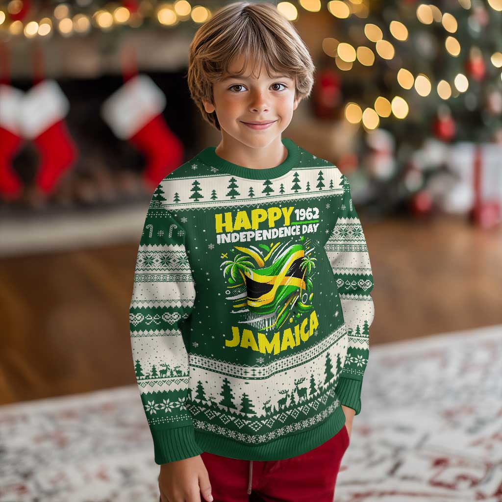Happy Jamaican Independence Day 1962 Graphic Ugly Christmas Sweater Jamaica Waving Flag and Palm Trees Caribbean Pride