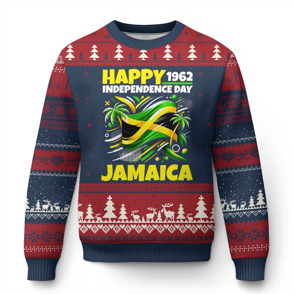 Happy Jamaican Independence Day 1962 Graphic Ugly Christmas Sweater Jamaica Waving Flag and Palm Trees Caribbean Pride TS02 Navy Red Print Your Wear