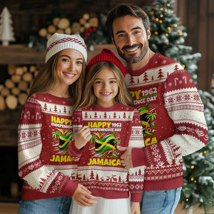 Happy Jamaican Independence Day 1962 Graphic Ugly Christmas Sweater Jamaica Waving Flag and Palm Trees Caribbean Pride