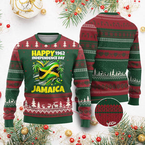 Happy Jamaican Independence Day 1962 Graphic Ugly Christmas Sweater Jamaica Waving Flag and Palm Trees Caribbean Pride