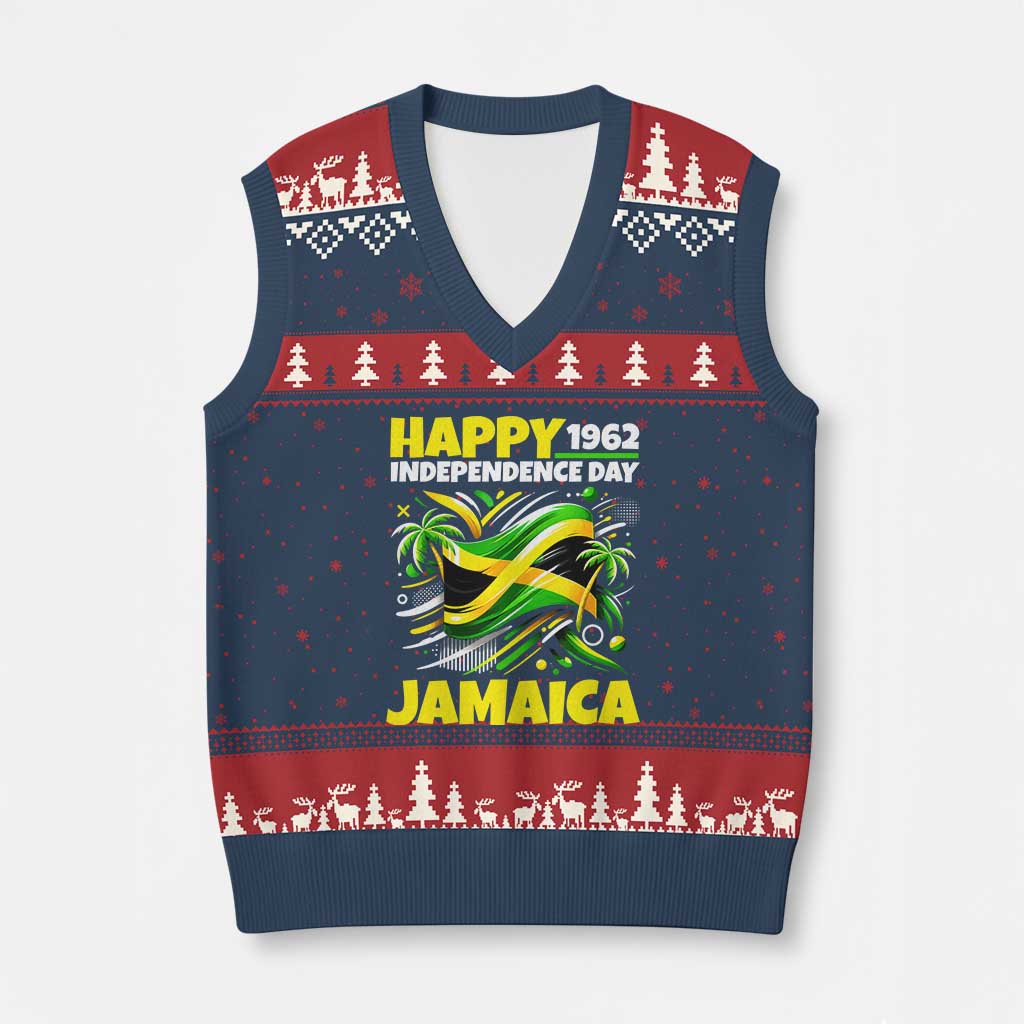 Happy Jamaican Independence Day 1962 Graphic V-Neck Knit Sweater Vest Jamaica Waving Flag and Palm Trees Caribbean Pride TS02 Navy Red Print Your Wear