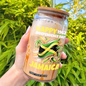 Happy Jamaican Independence Day 1962 Graphic Glass Can Jamaica Waving Flag and Palm Trees Caribbean Pride