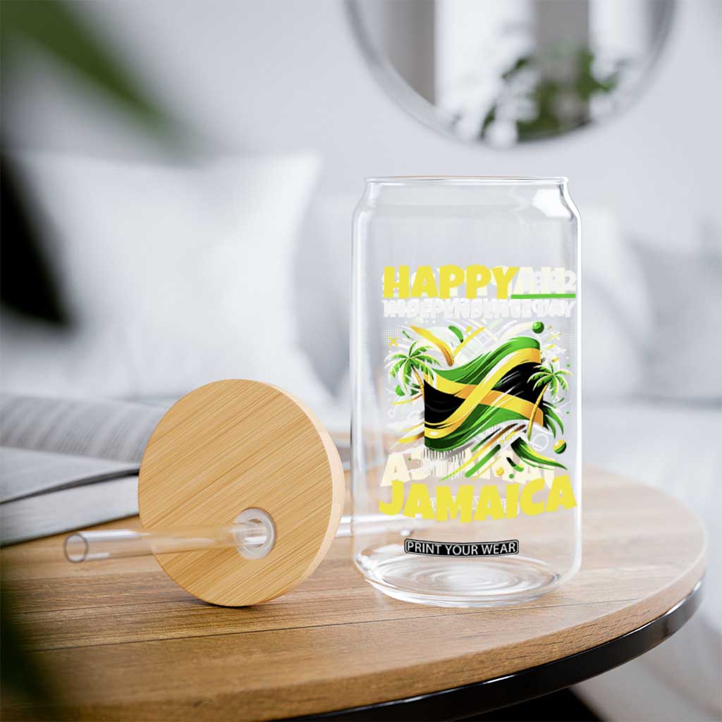Happy Jamaican Independence Day 1962 Graphic Glass Can Jamaica Waving Flag and Palm Trees Caribbean Pride