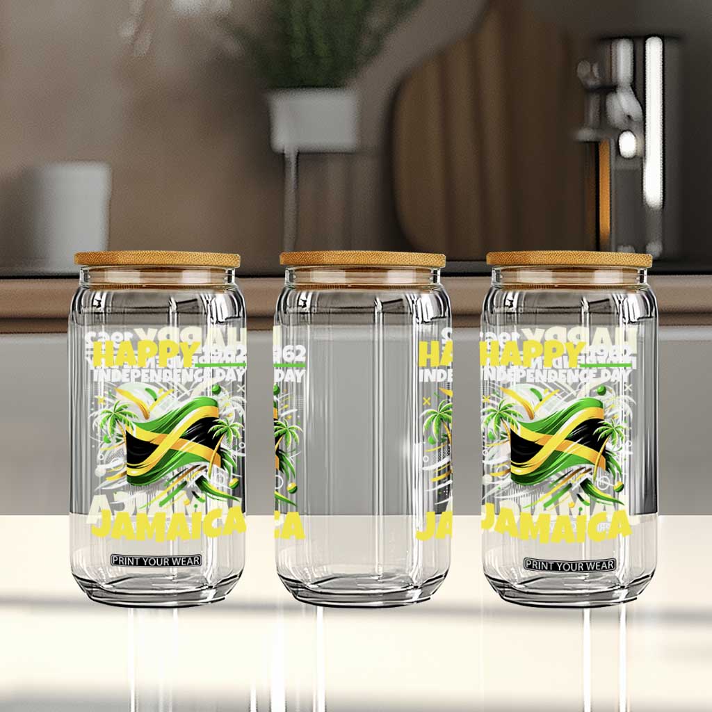 Happy Jamaican Independence Day 1962 Graphic Glass Can Jamaica Waving Flag and Palm Trees Caribbean Pride