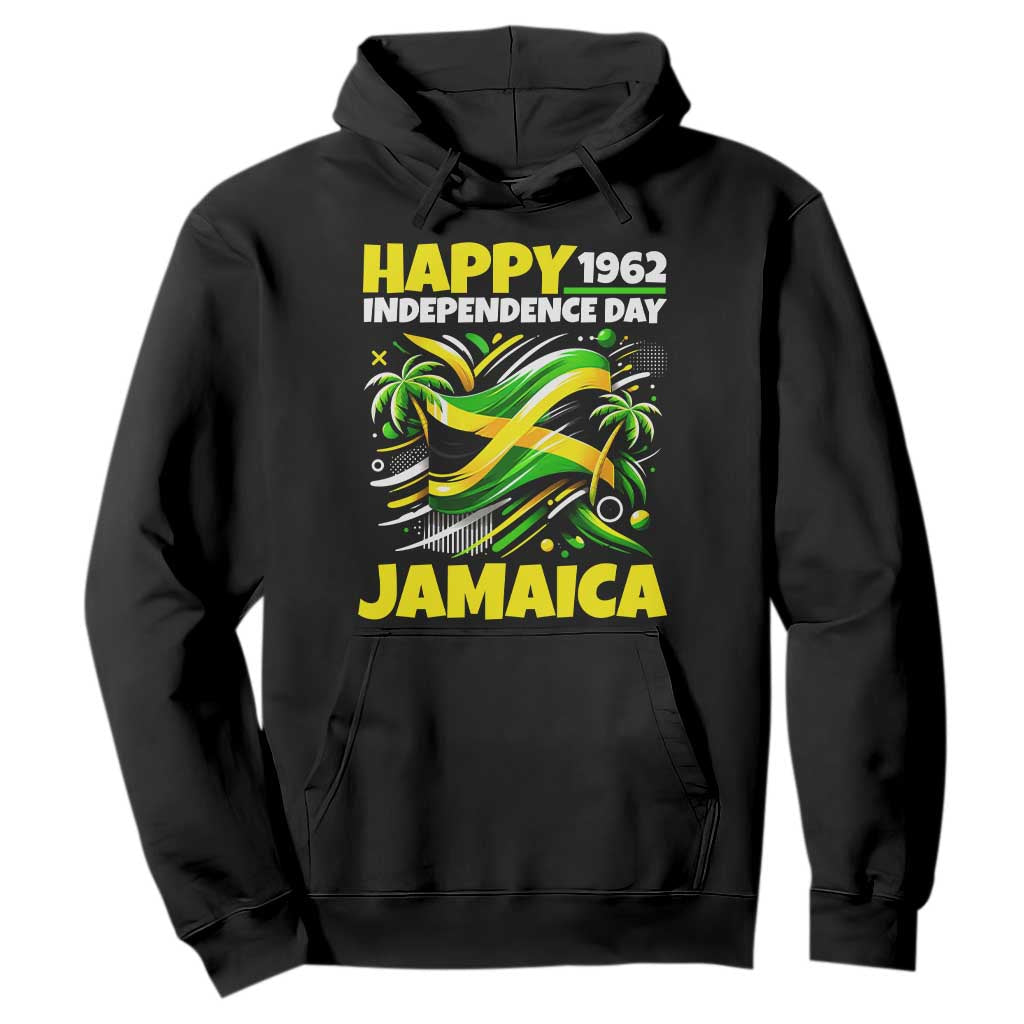 Happy Jamaican Independence Day 1962 Graphic Hoodie Jamaica Waving Flag and Palm Trees Caribbean Pride