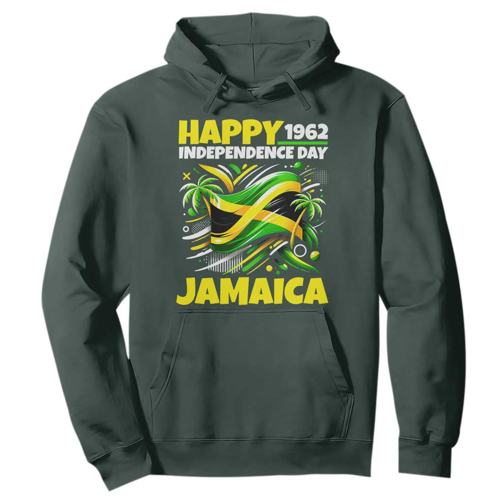 Happy Jamaican Independence Day 1962 Graphic Hoodie Jamaica Waving Flag and Palm Trees Caribbean Pride