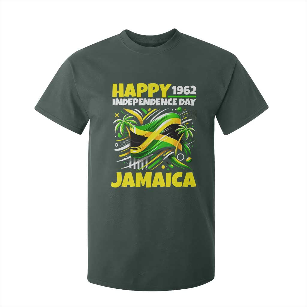 Happy Jamaican Independence Day 1962 Graphic T Shirt For Kid Jamaica Waving Flag and Palm Trees Caribbean Pride