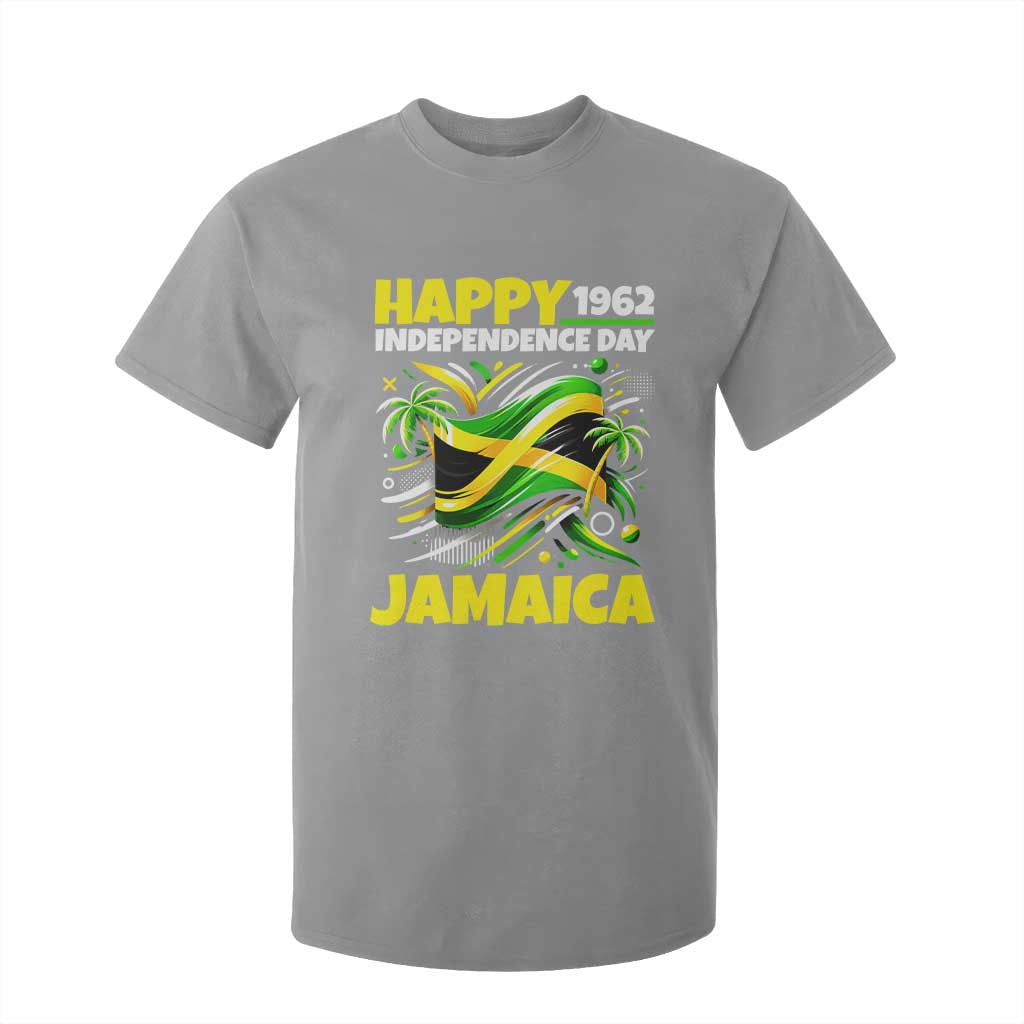 Happy Jamaican Independence Day 1962 Graphic T Shirt For Kid Jamaica Waving Flag and Palm Trees Caribbean Pride