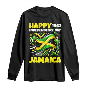 Happy Jamaican Independence Day 1962 Graphic Long Sleeve Shirt Jamaica Waving Flag and Palm Trees Caribbean Pride