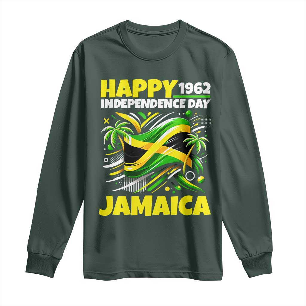 Happy Jamaican Independence Day 1962 Graphic Long Sleeve Shirt Jamaica Waving Flag and Palm Trees Caribbean Pride