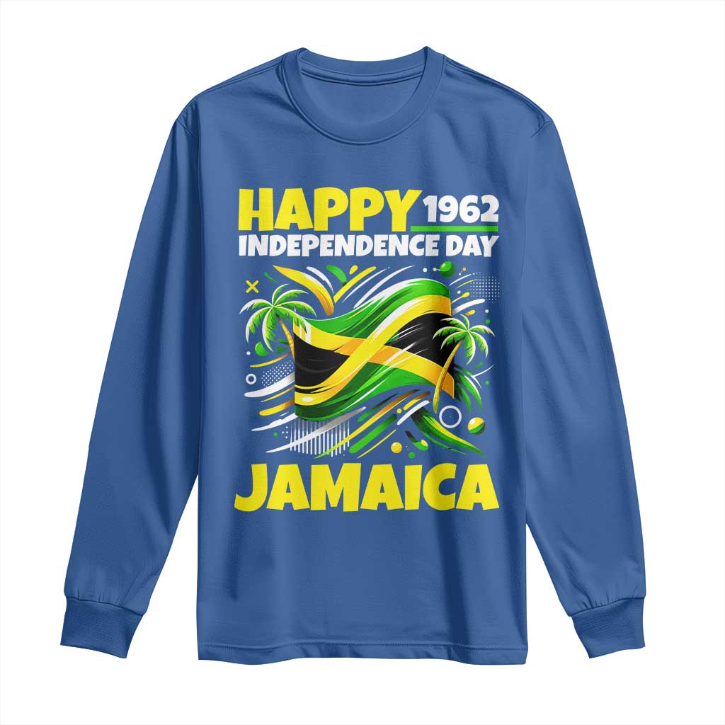 Happy Jamaican Independence Day 1962 Graphic Long Sleeve Shirt Jamaica Waving Flag and Palm Trees Caribbean Pride