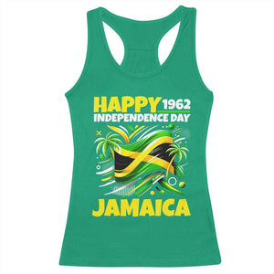 Happy Jamaican Independence Day 1962 Graphic Racerback Tank Top Jamaica Waving Flag and Palm Trees Caribbean Pride