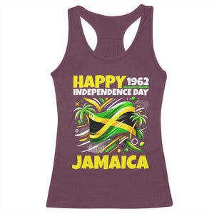 Happy Jamaican Independence Day 1962 Graphic Racerback Tank Top Jamaica Waving Flag and Palm Trees Caribbean Pride