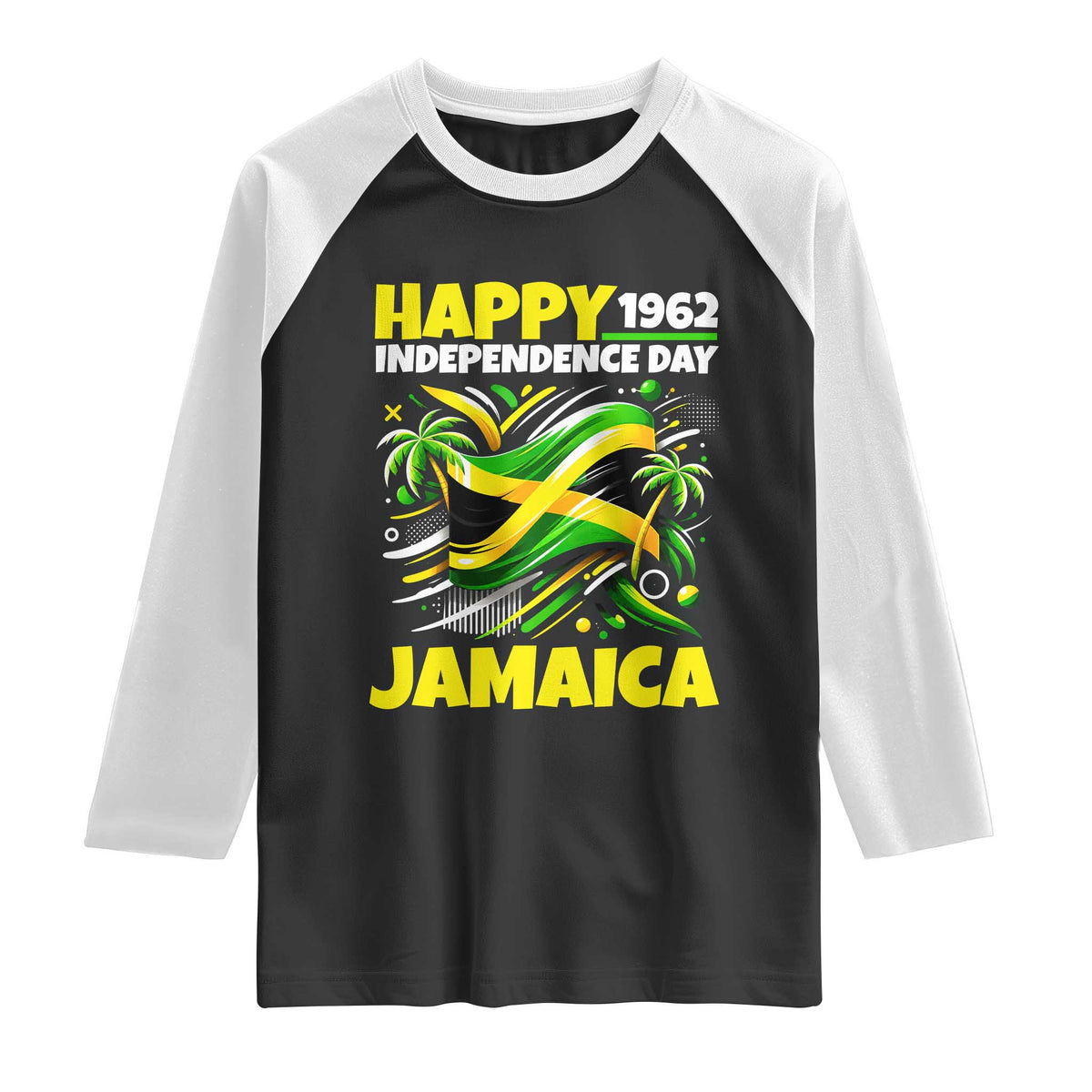 Happy Jamaican Independence Day 1962 Graphic Raglan Shirt Jamaica Waving Flag and Palm Trees Caribbean Pride