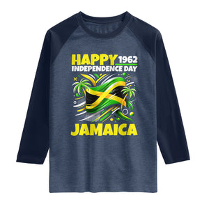 Happy Jamaican Independence Day 1962 Graphic Raglan Shirt Jamaica Waving Flag and Palm Trees Caribbean Pride