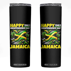 Happy Jamaican Independence Day 1962 Graphic Skinny Tumbler Jamaica Waving Flag and Palm Trees Caribbean Pride