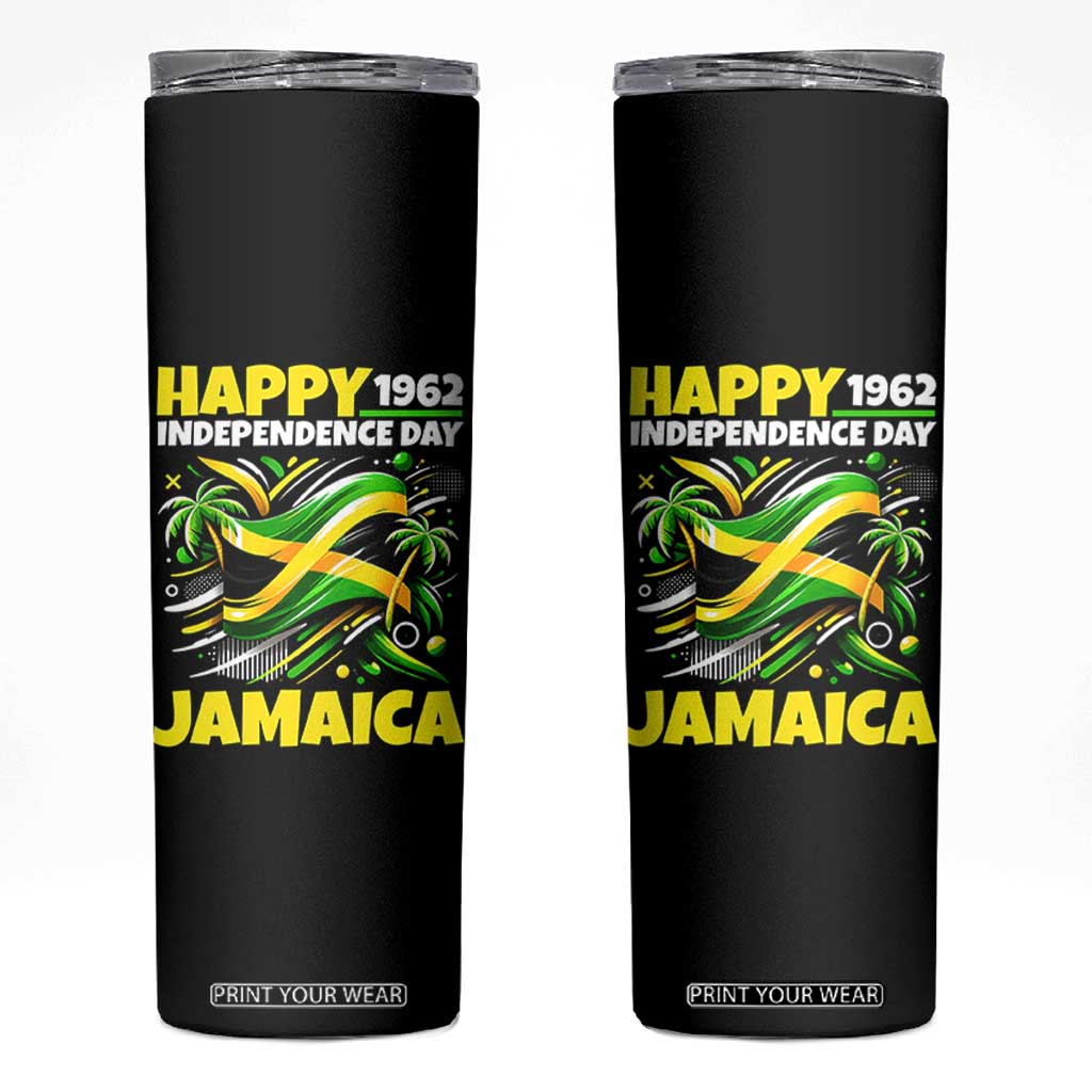 Happy Jamaican Independence Day 1962 Graphic Skinny Tumbler Jamaica Waving Flag and Palm Trees Caribbean Pride