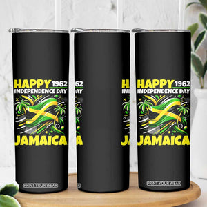 Happy Jamaican Independence Day 1962 Graphic Skinny Tumbler Jamaica Waving Flag and Palm Trees Caribbean Pride