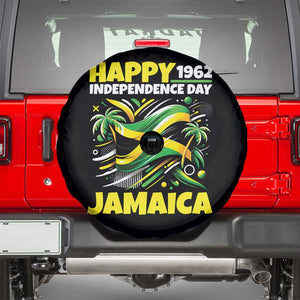 Happy Jamaican Independence Day 1962 Graphic Spare Tire Cover Jamaica Waving Flag and Palm Trees Caribbean Pride