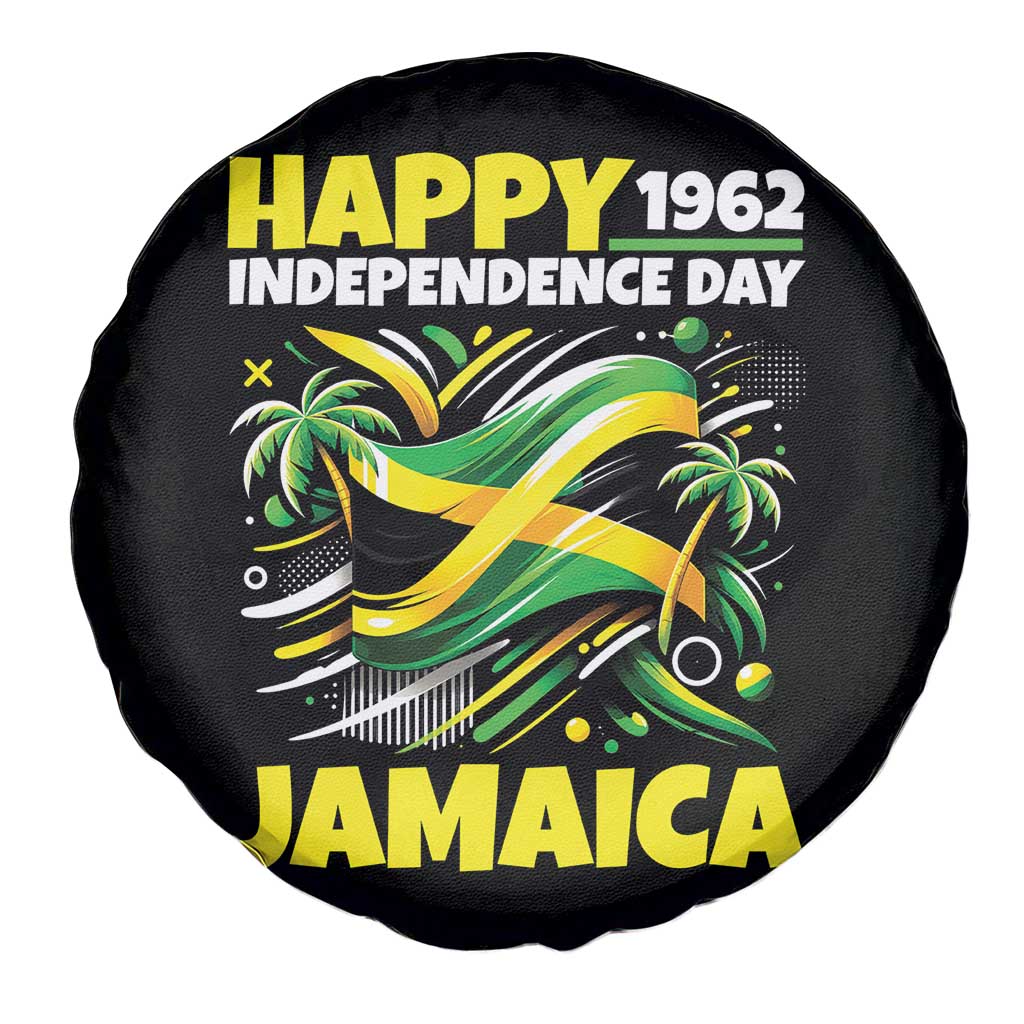Happy Jamaican Independence Day 1962 Graphic Spare Tire Cover Jamaica Waving Flag and Palm Trees Caribbean Pride