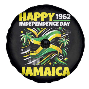 Happy Jamaican Independence Day 1962 Graphic Spare Tire Cover Jamaica Waving Flag and Palm Trees Caribbean Pride