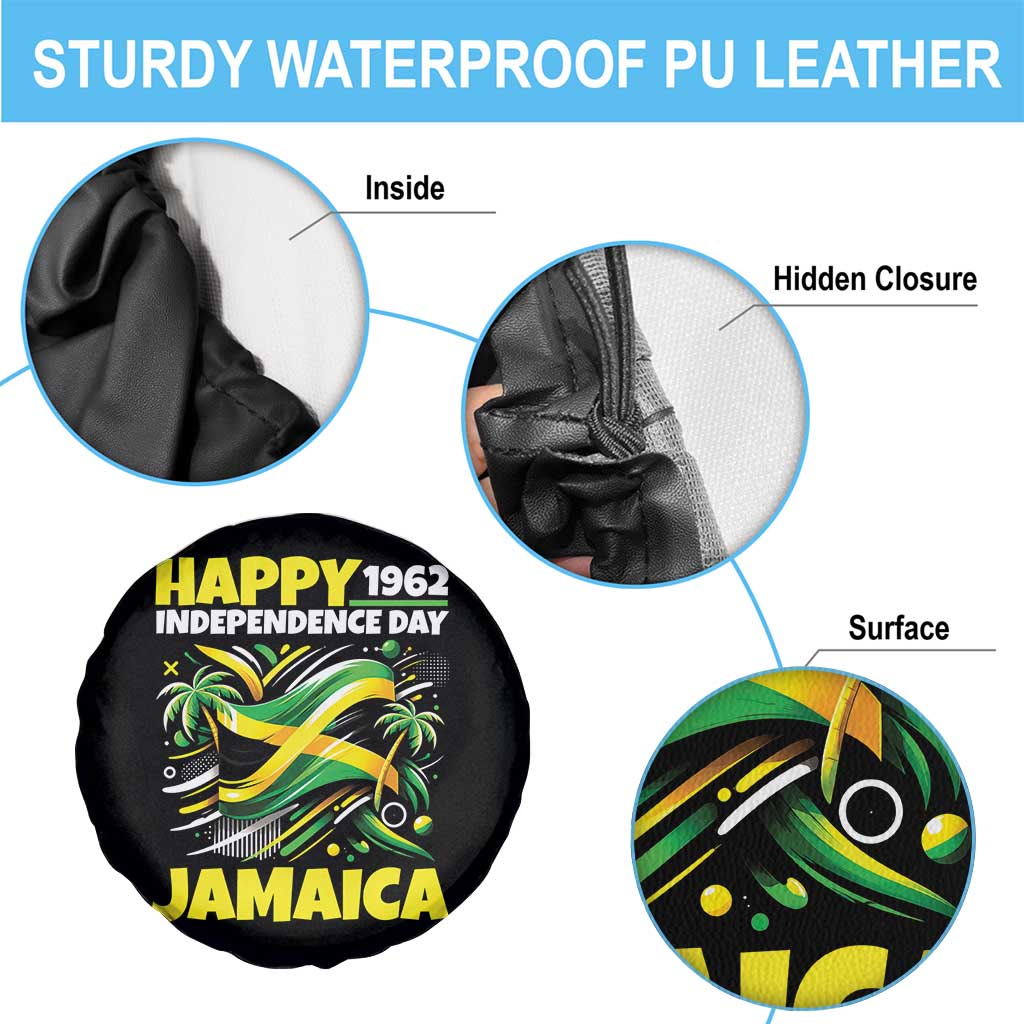 Happy Jamaican Independence Day 1962 Graphic Spare Tire Cover Jamaica Waving Flag and Palm Trees Caribbean Pride