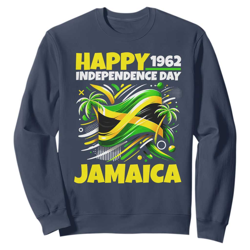 Happy Jamaican Independence Day 1962 Graphic Sweatshirt Jamaica Waving Flag and Palm Trees Caribbean Pride