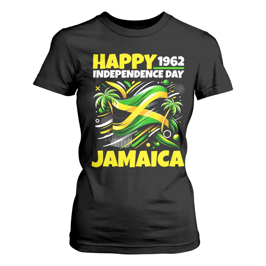 Happy Jamaican Independence Day 1962 Graphic T Shirt For Women Jamaica Waving Flag and Palm Trees Caribbean Pride