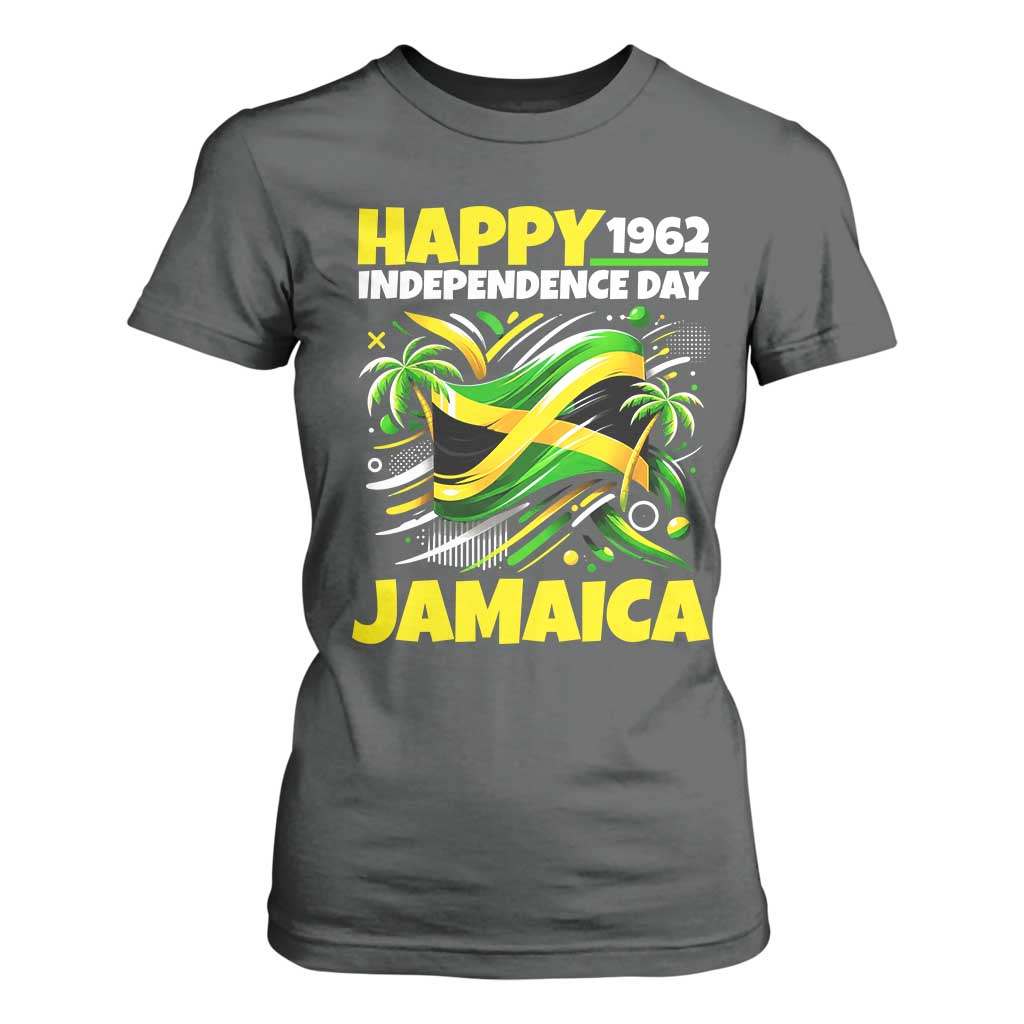 Happy Jamaican Independence Day 1962 Graphic T Shirt For Women Jamaica Waving Flag and Palm Trees Caribbean Pride