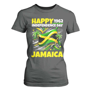 Happy Jamaican Independence Day 1962 Graphic T Shirt For Women Jamaica Waving Flag and Palm Trees Caribbean Pride