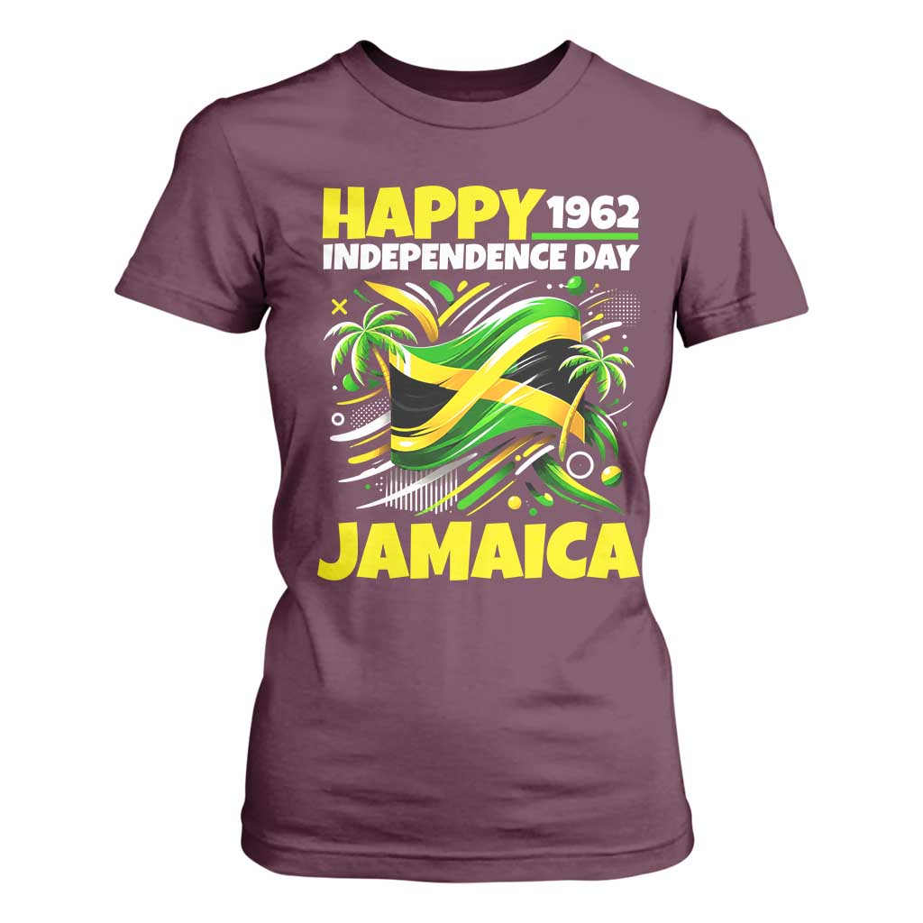 Happy Jamaican Independence Day 1962 Graphic T Shirt For Women Jamaica Waving Flag and Palm Trees Caribbean Pride