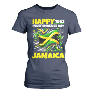 Happy Jamaican Independence Day 1962 Graphic T Shirt For Women Jamaica Waving Flag and Palm Trees Caribbean Pride