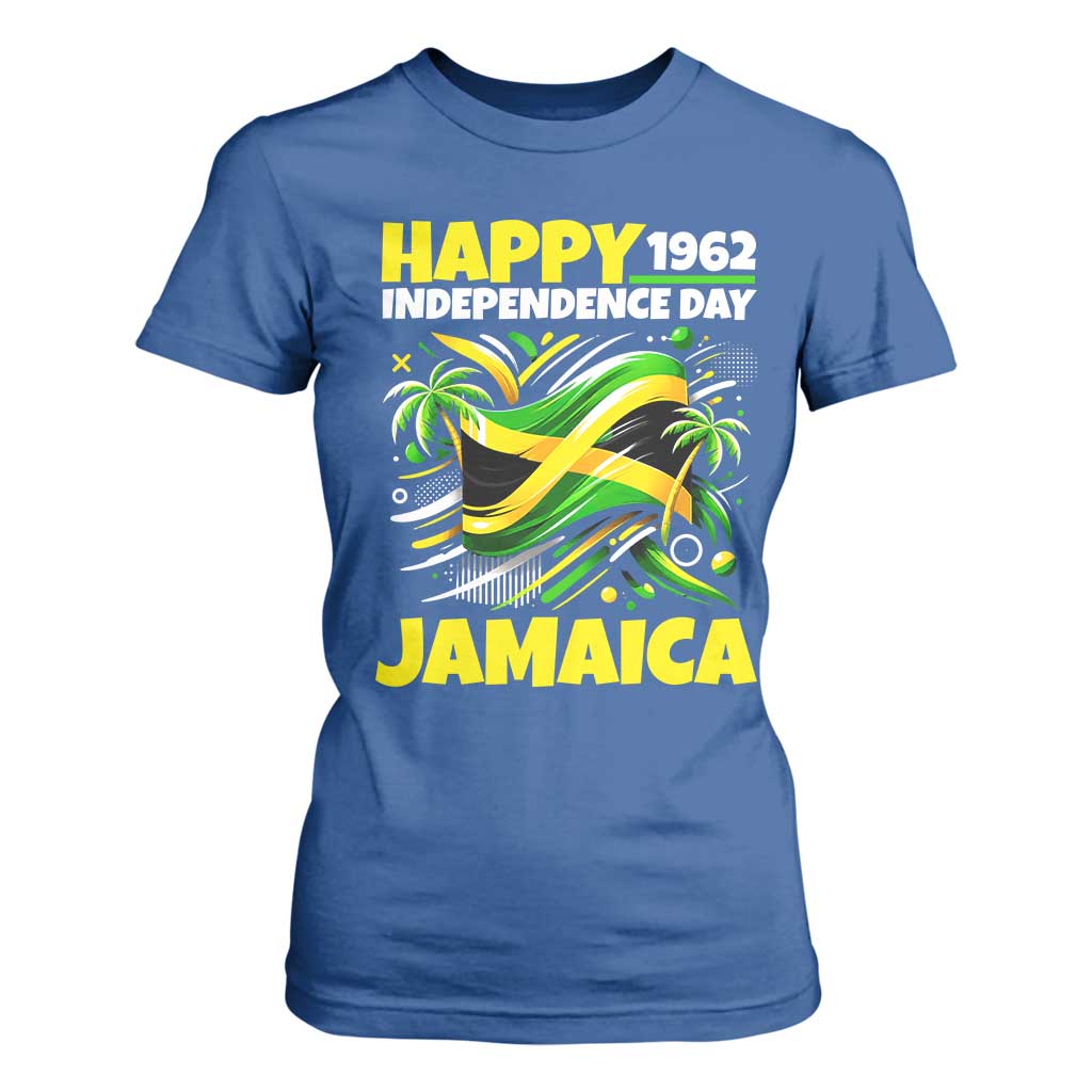Happy Jamaican Independence Day 1962 Graphic T Shirt For Women Jamaica Waving Flag and Palm Trees Caribbean Pride