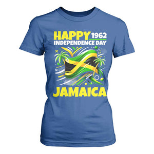 Happy Jamaican Independence Day 1962 Graphic T Shirt For Women Jamaica Waving Flag and Palm Trees Caribbean Pride