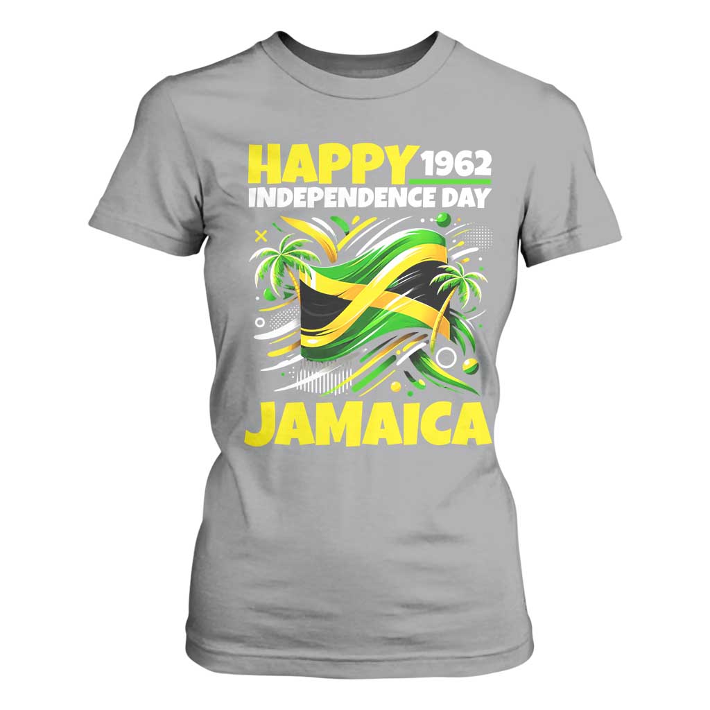 Happy Jamaican Independence Day 1962 Graphic T Shirt For Women Jamaica Waving Flag and Palm Trees Caribbean Pride