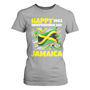Happy Jamaican Independence Day 1962 Graphic T Shirt For Women Jamaica Waving Flag and Palm Trees Caribbean Pride