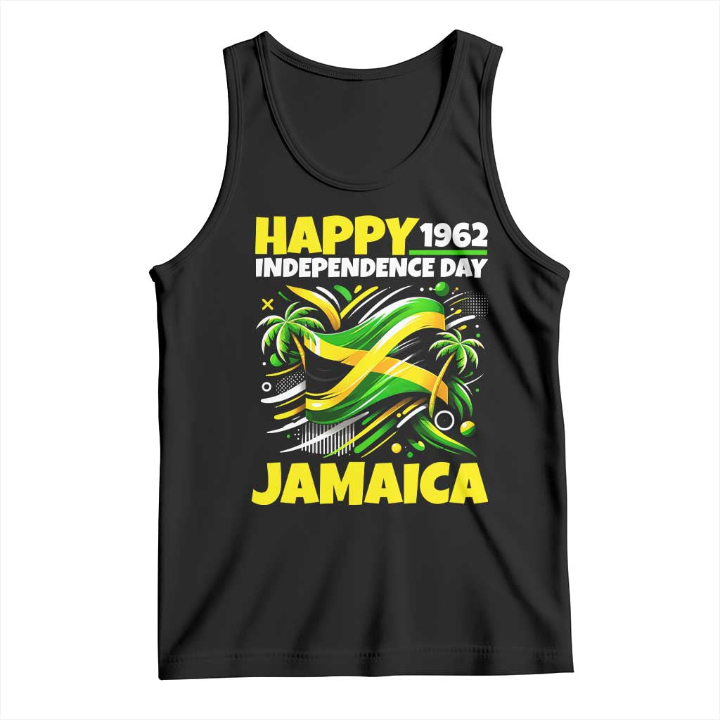 Happy Jamaican Independence Day 1962 Graphic Tank Top Jamaica Waving Flag and Palm Trees Caribbean Pride
