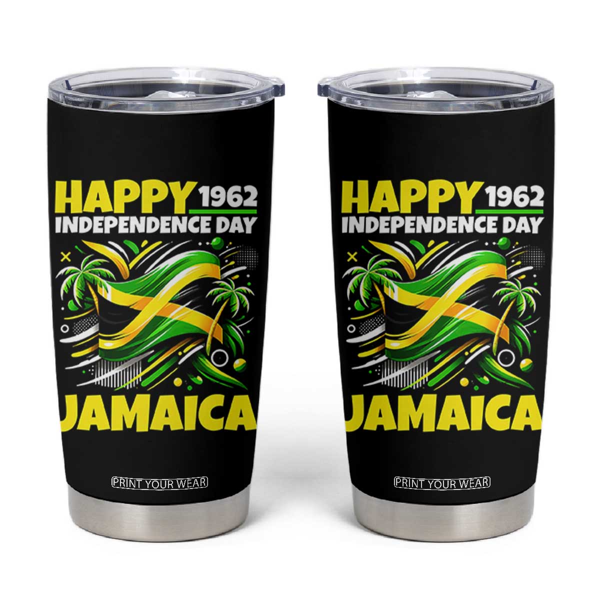 Happy Jamaican Independence Day 1962 Graphic Tumbler Cup Jamaica Waving Flag and Palm Trees Caribbean Pride